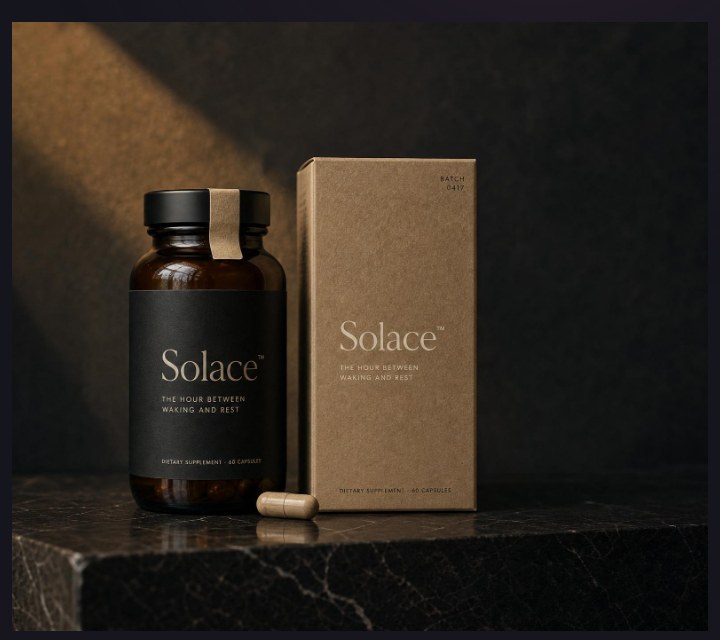Solace premium bottle and packaging under warm editorial lighting