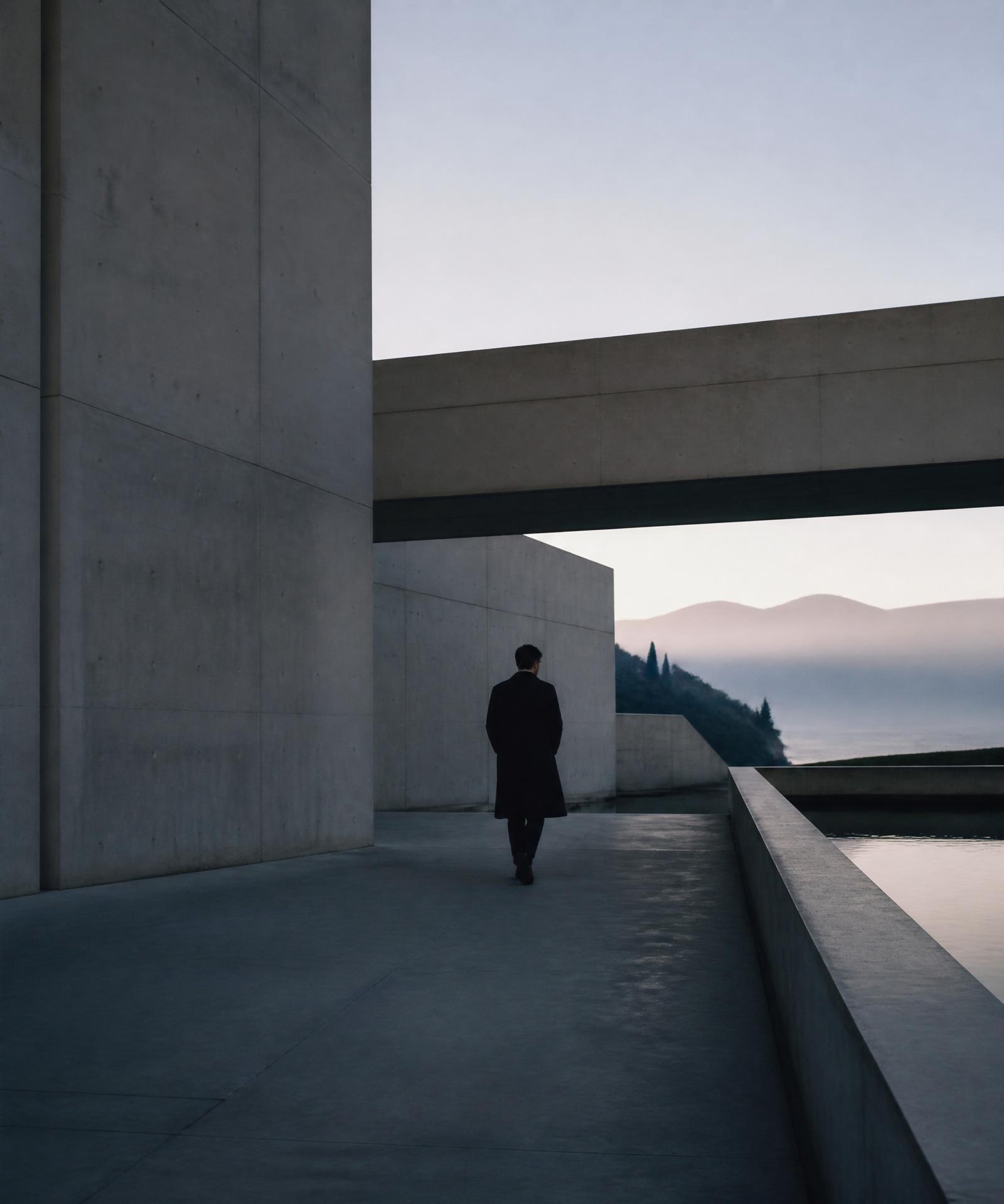 The Becoming — a solitary figure walking through concrete architecture at first light